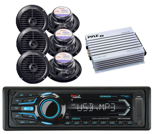 400w amplifier,6 black 6.5&#034; boat speakers&amp; boss marine usb bluetooth ipod radio