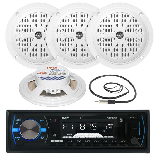 4 white 5.25&#034; marine speakers, plmrb29b black usb am fm aux radio and antenna