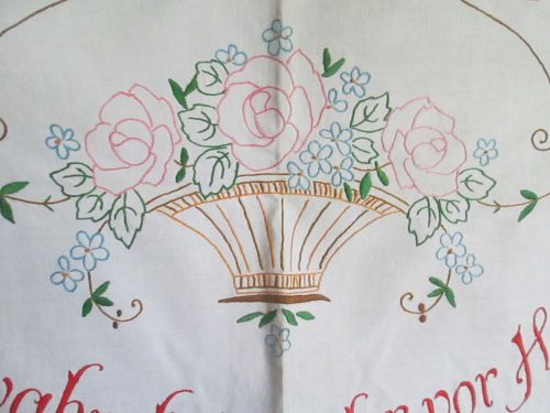 Antique banner on white cotton,hand embroidered,flower basket- motto-germany
