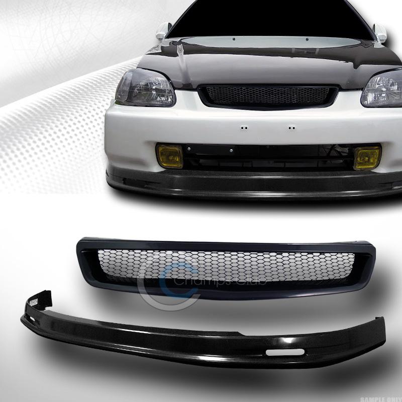 Black t-r pu front spoiler bumper lip kit+aluminum mesh grill grille 96-98 civic