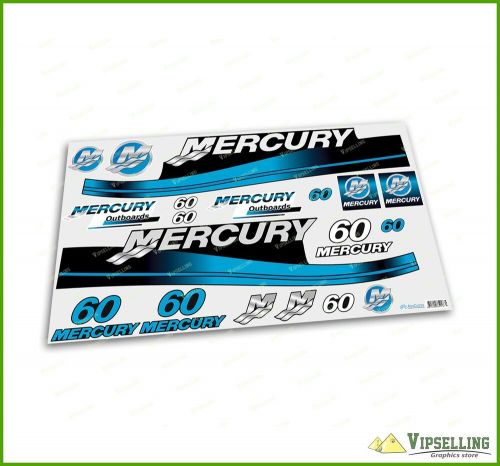 Mercury 60 hp outboard replacement blue laminated decals kit set marine boat