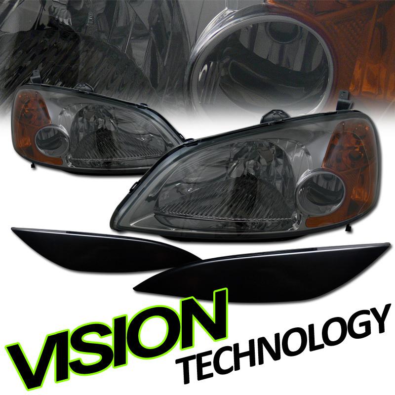 Amber reflector 01-03 civic coupe/sedan smoked lens headlights+eyelids/eyebrows