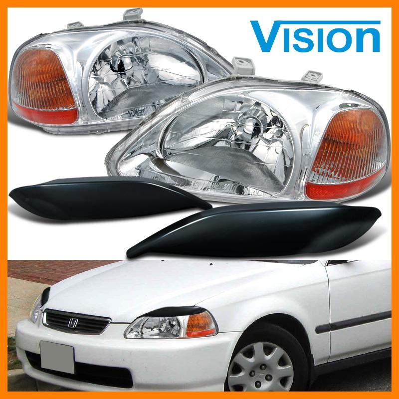 1996-1998 honda civic 2/3/4 dr chrome headlights black eyelid eyebrow left+right