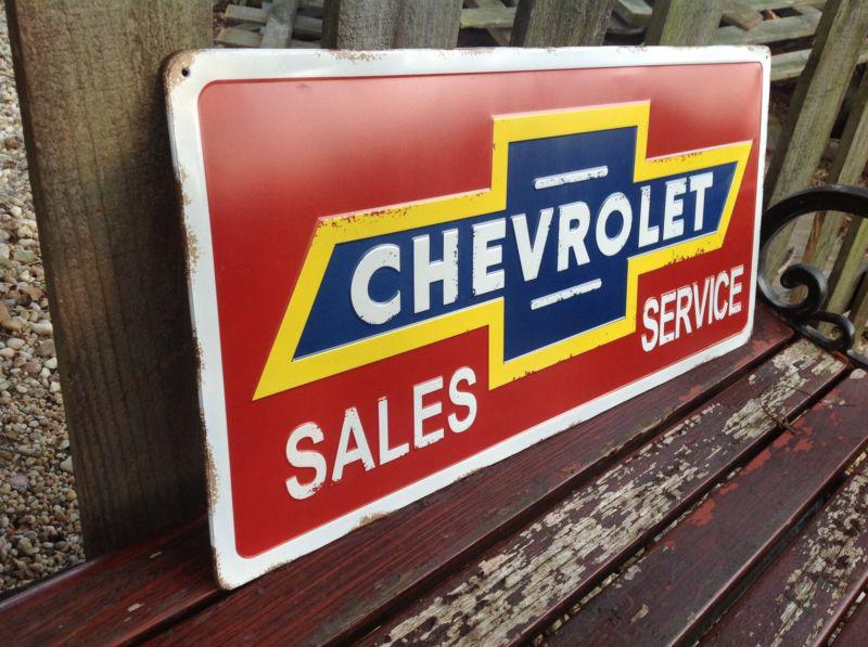 Huge 27.5 x 12.5 chevrolet sales service metal embossed sign gas pump oil