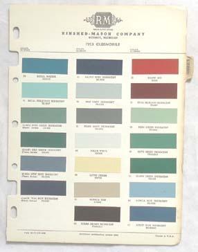 1953  oldsmobile r-m  color paint chip chart all models original 