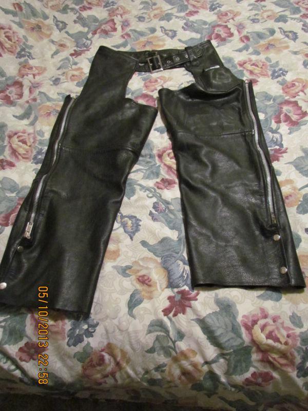 Ladies / mens black leather motorcycle chaps silver hawk biker gear size l short