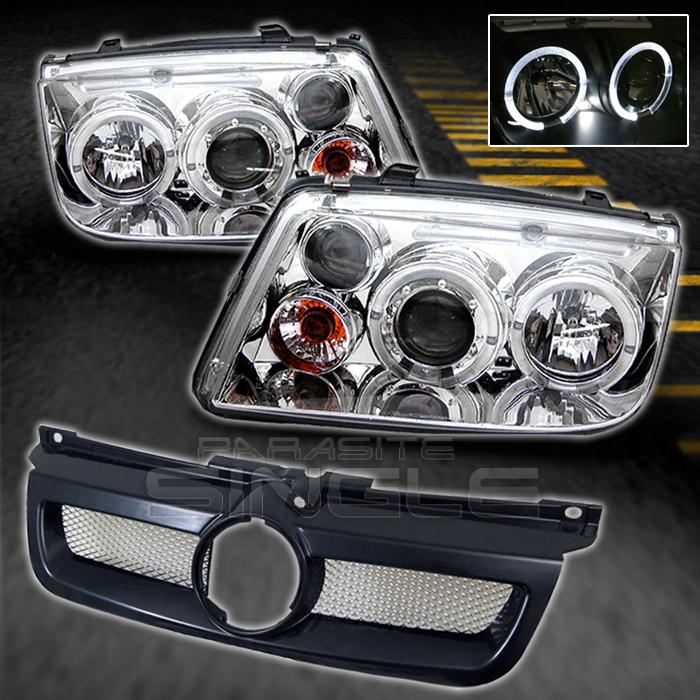 99-05 vw jetta chrome halo projector headlights+jdm black front hood mesh grill