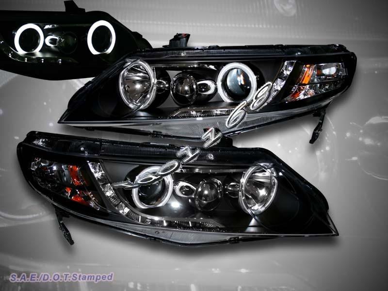 06-11 honda civic 4-door sedan black twin halo ccfl led projector headlights 