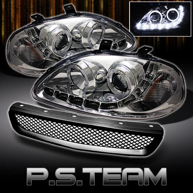 96-98 honda civic projector drl led chrome headlights+front sport mesh grille