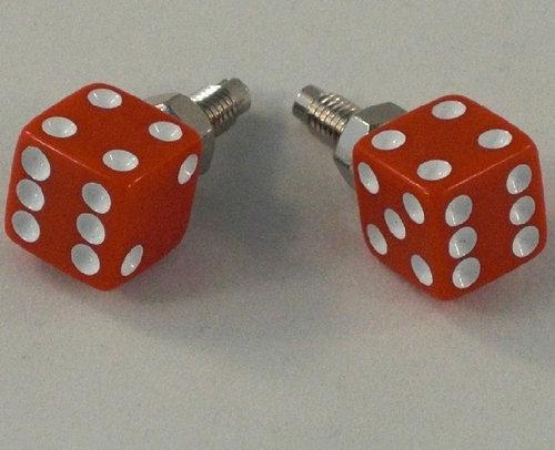 2 real dice "red & white" license plate frame bolts - motorcycle lic tag screws