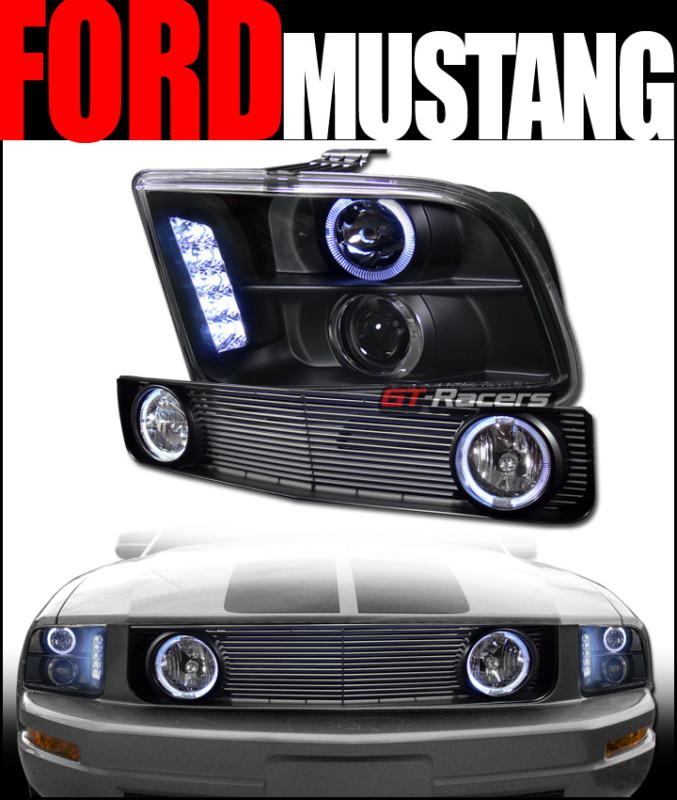 Blk halo led projector head lights+hood grill grille fog h 2005-2009 mustang v6