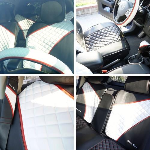 33031 seat cover set black white leather universal car suv truck steering combo 