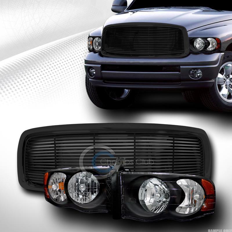 Blk head lights lamps amber+horizontal front hood grill grille 02-05 dodge ram