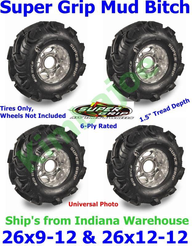 26x9-12 & 26x12-12 super grip mud bitch atv tires, 6-ply rated, set of 4