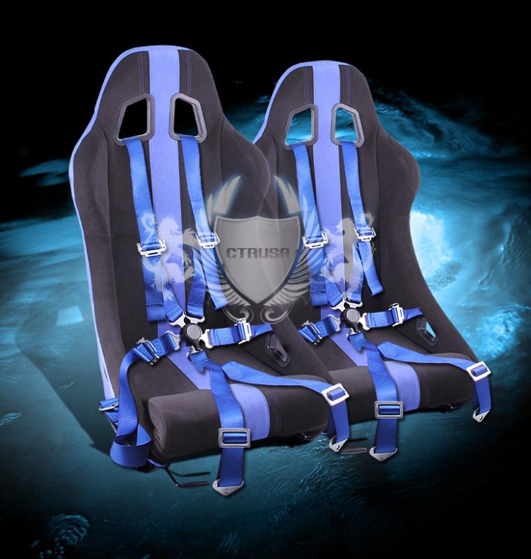 2x black/blue stripe fabric racing bucket seats + 6-pt belt camlock strap pair