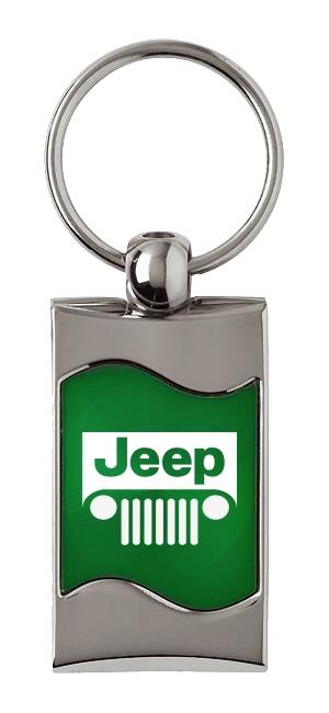 Jeep grill green rectangular wave metal key chain ring tag key fob logo lanyard