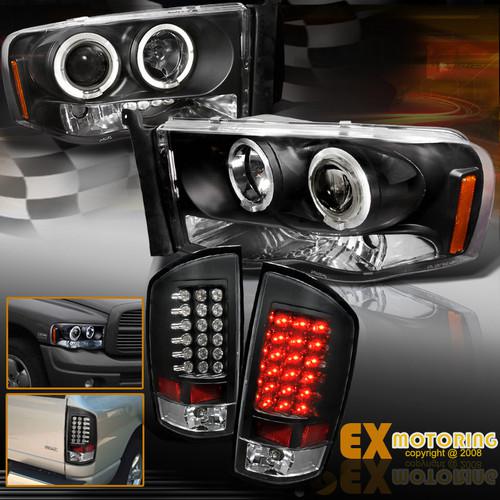 New 2002-2005 dodge ram halo+led projector headlights w/black led tail lights