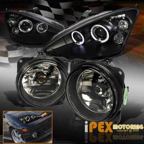 00-04 ford focus led halo projector head light black w/smoke fog lamp kit w/bulb