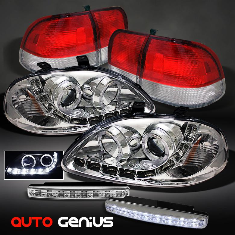 96-98 civic 4dr led projector headlights + red clear tail lights + daytime led