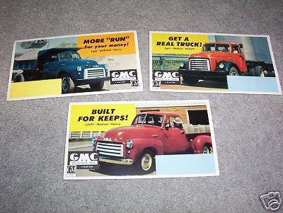 3 original 1951 1952 1953 gmc truck ink blotters, brochure pickup, dump, tractor