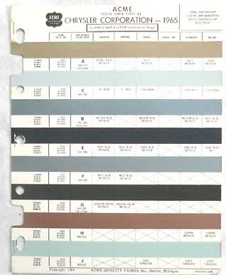 1965 chrysler dodge plymouth acme  color paint chip chart all models  mopar 