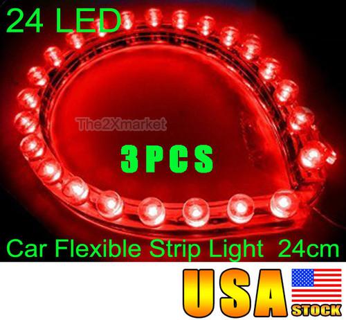 New 3pcs for car 24 led flexible strip red light bulbs waterproof 12v 24cm neon