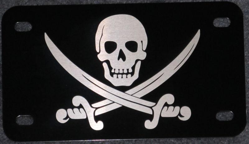 Calico jack skull and swords on black motorcycle license plate tag