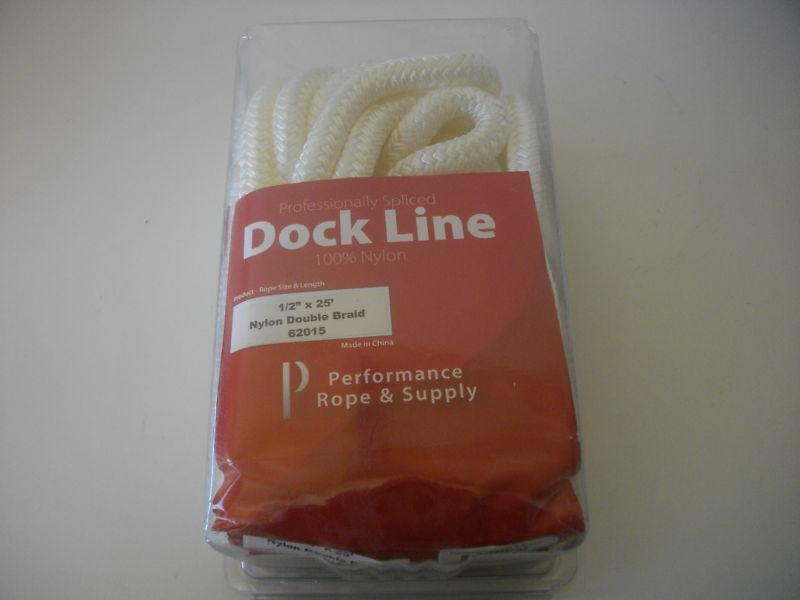 Performance rope double braided nylon 1/2 inch x 25 foot white dock line boat