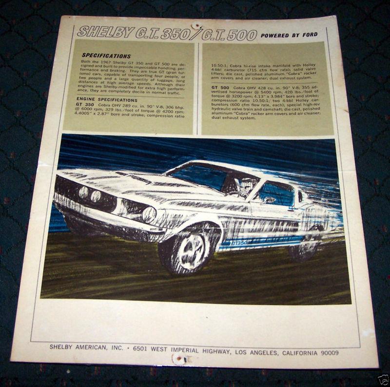 1967 shelby gt-350 & gt 500 original ford dealership sales brochure & spec sheet
