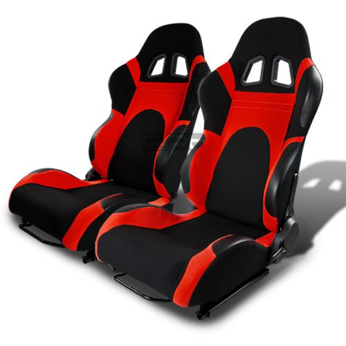 X2 full reclinable woven/cloth black/red trim bucket racing seats+sliders/rail