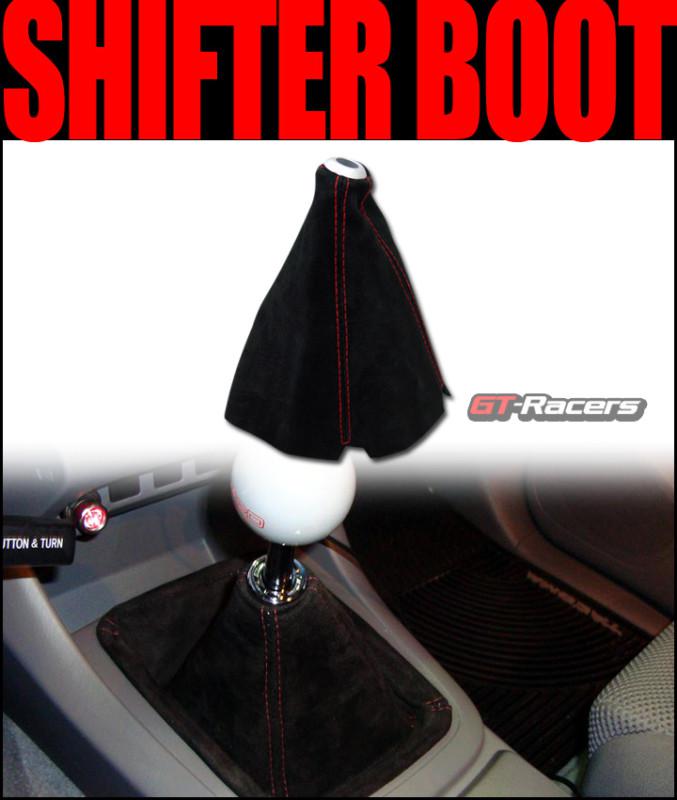 Universal red stitch black suede shifter shift gear boot cover manual/auto jdm