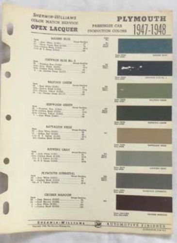 1947 - 1948  plymouth sherwin williams color paint chip chart all models  mopar