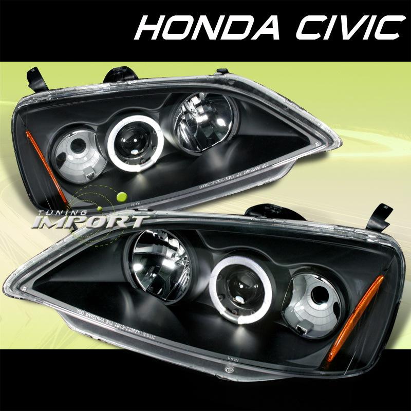 2001-2003 honda civic 2/4 dr black halo projector headlights lamp left+right new