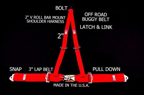Rjs racing 3 pt latch &amp; link v roll bar mount harness buggy belt red 4013004