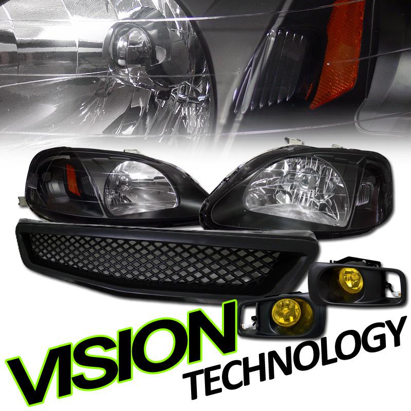 99-00 civic ek/ej/em jdm blk housing type-r headlights+yellow fog lights+grille