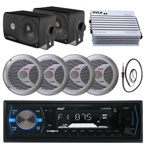 Silver 6.5&#034; boat speakers,400w amp, 3.5&#034; speakers,antenna, black bluetooth radio