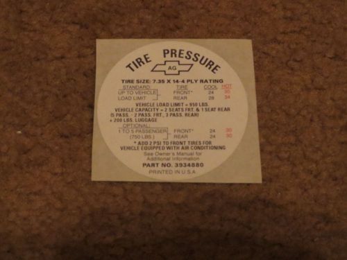 1967 1968 chevrolet camaro chevy ii nova tire pressure instructions decal new