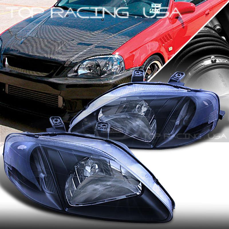 99-00 honda civic jdm crystal style headlights lamps black / clear reflector