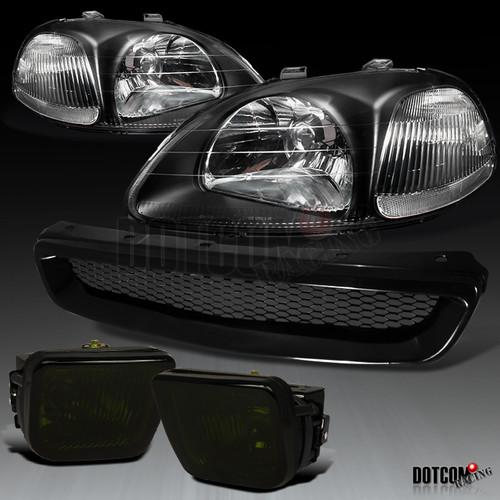 96-98 civic crystal headlight black+mesh hood grill+smoke bumper fog light