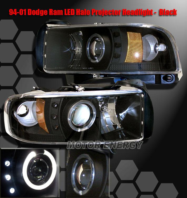 1994-2001 dodge ram led halo projector headlights black