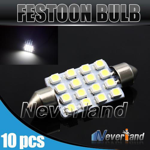 10pcs 42mm 16 smd led car interior dome white festoon xenon light bulb 1210 lamp