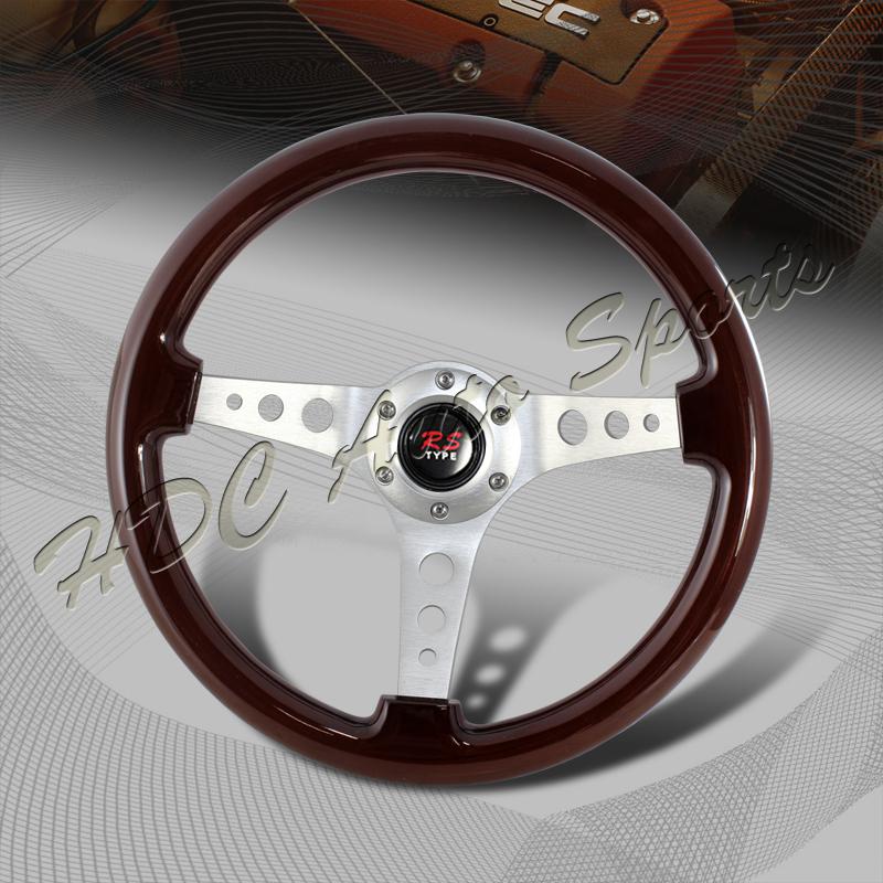 Universal 345mm 6 hole bolt lug dark wood grain style deep dish steering wheel