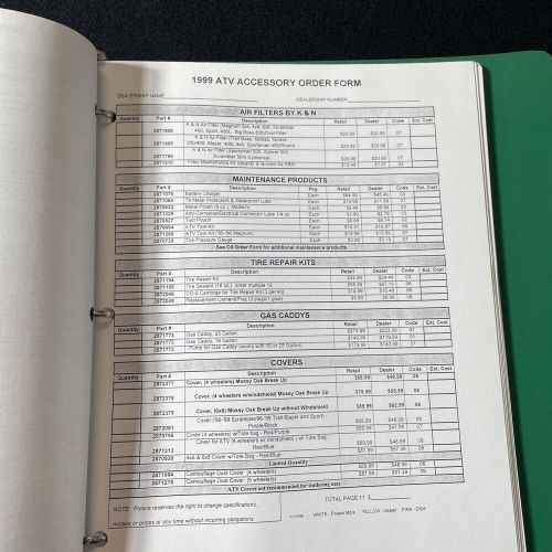 Polaris atv dealer quick reference manual.   1999 atv.  counter book.