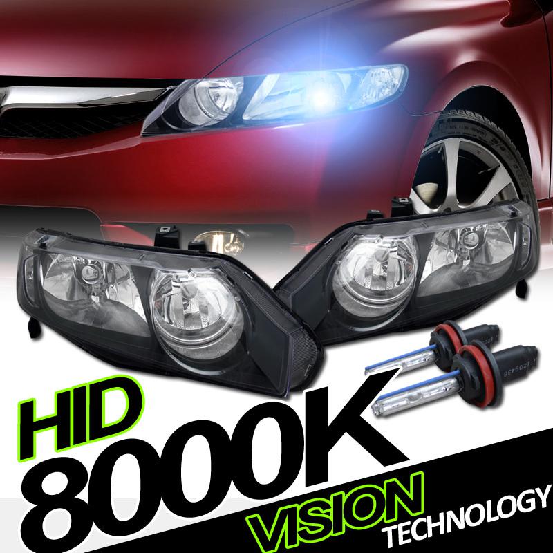 2006-2011 civic 4d jdm blk housing clear lens crystal headlights pair+hid 8000k