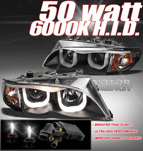 2002-2005 bmw e46 3-series 4dr 3d drl led black projector head lights+50w 6k hid