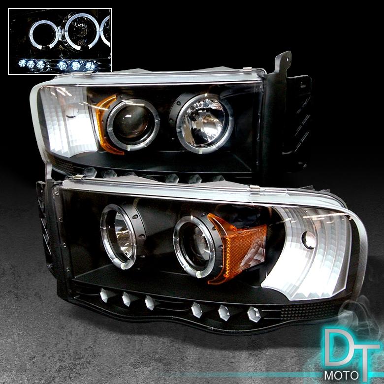 Black 02-05 dodge ram dual halo projector led headlights lights lamps left+right