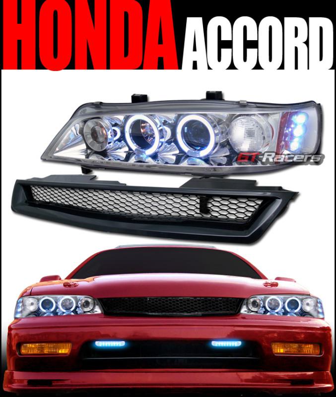 Chrome halo led projector head lights+t-r aluminum grill grille 1994-1997 accord