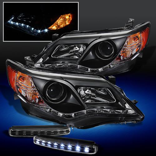 12-13 toyota camry drl led strip projector black headlights + led running lights