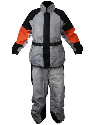 Xelement mens 2 piece black, silver and orange motorcycle rainsuit