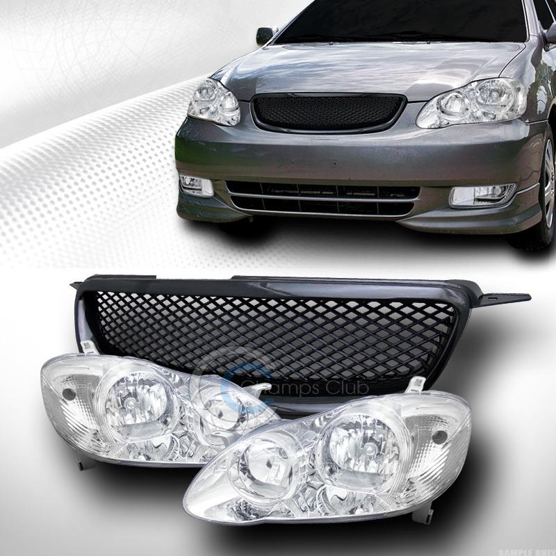 Chrome head lights signal lamps+front bumper mesh grill grille blk 03-04 corolla